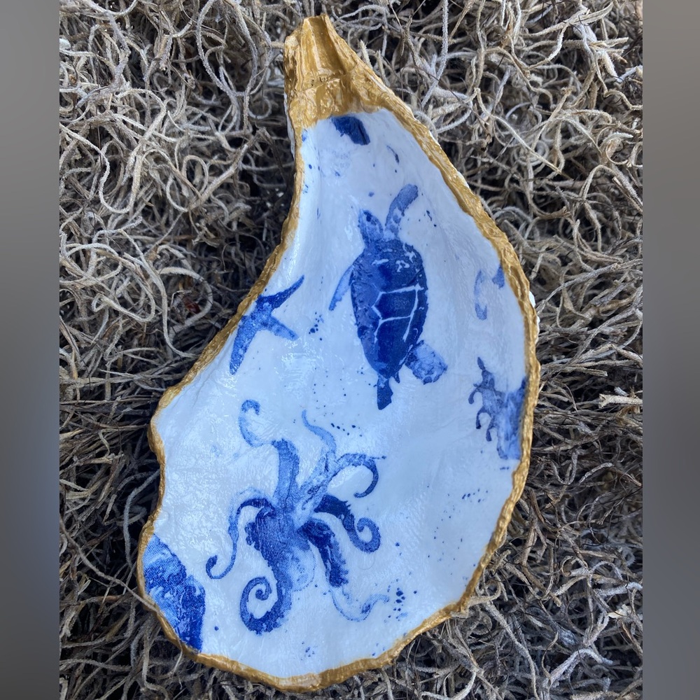 Handcrafted Decoupaged Blue & White SeaLife X-Large Oyster Shell W/Gold Accents
